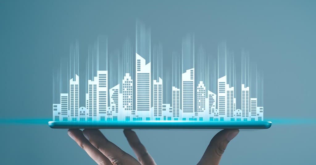 Digitale stadshologram op tablet — AI-tools voor de vastgoedmarkt