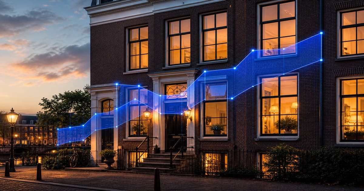 Nederlandse stadswoning met een digitale waarde-indicatie in beeld